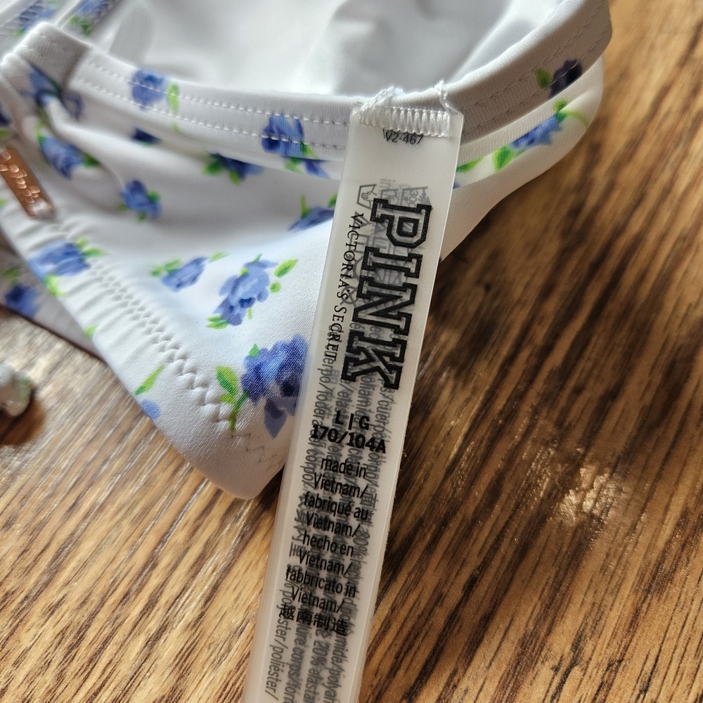 Victoria Secret Swim Bikini Top L Lined Cups Blue White Floral Halter Tie Back - Picture 6 of 6